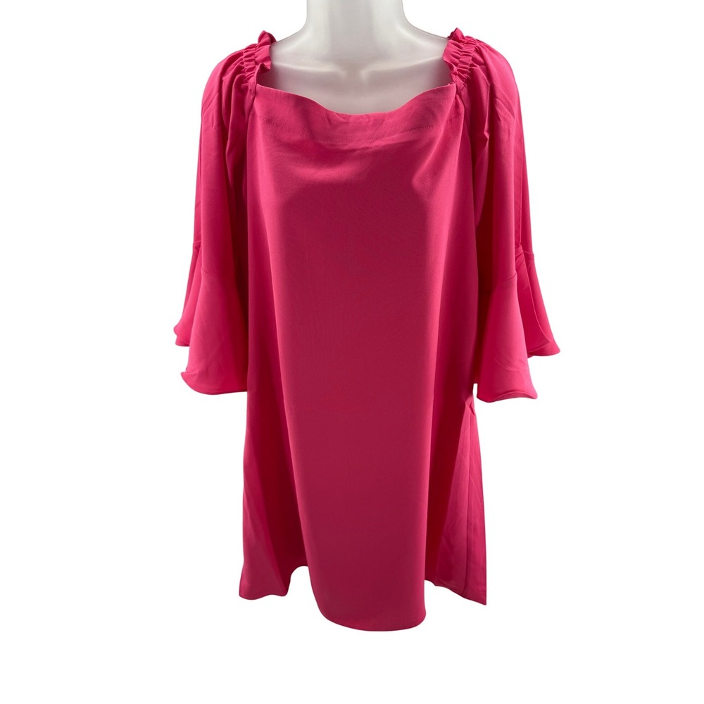 Trina Turk Hot Pink Ruffle Square Neck Bell Sleeve Shift Dress Womens Medium New